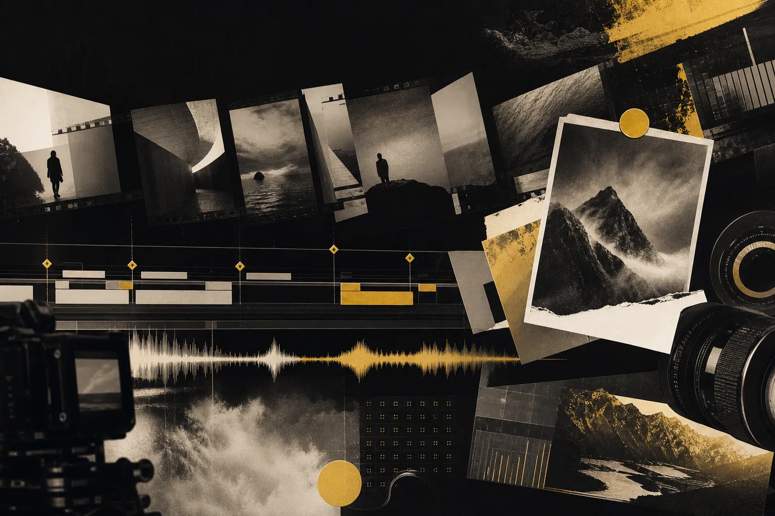 Abstrakte Visualisierung des Content-Talks-Prozesses: Filmframes, Video-Timeline, Wellenform und Kameramotive als Collage.